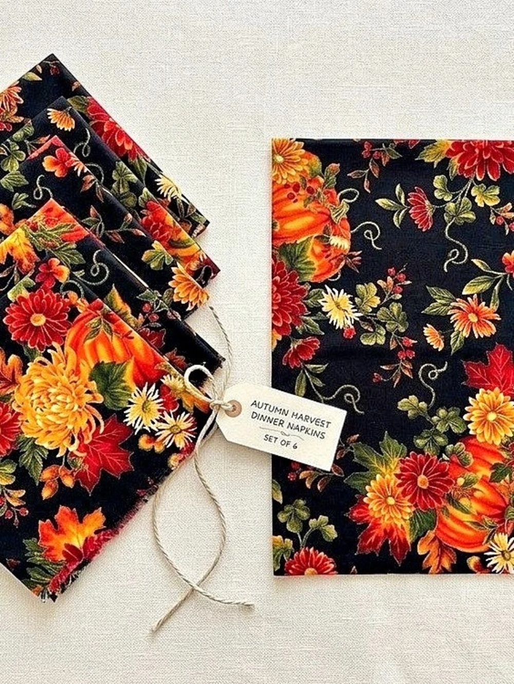 Fall Harvest Napkins • Set of 6 • Black Floral Pumpkin Print • Cotton 14” Square
